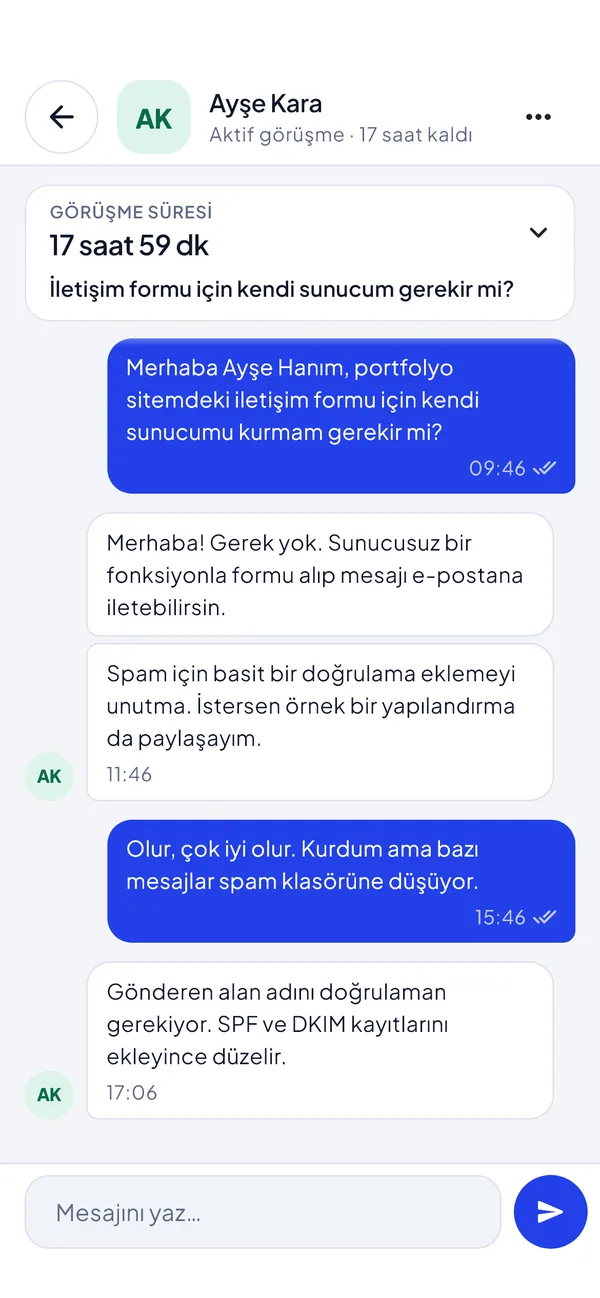 Sohbet ekranı: koçla mesajlaşma ve kalan görüşme süresi